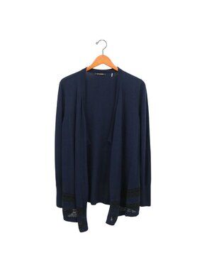 Kobi Halperin Hana Lace Trim Navy Open Waterfall Front Wool Cardigan Sweater L